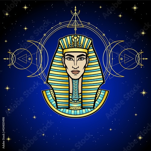 Animation color portrait: Egyptian man pharaoh. Background - night star sky, sacred geometry. Vector illustration. Print, poster, t-shirt, tattoo.
