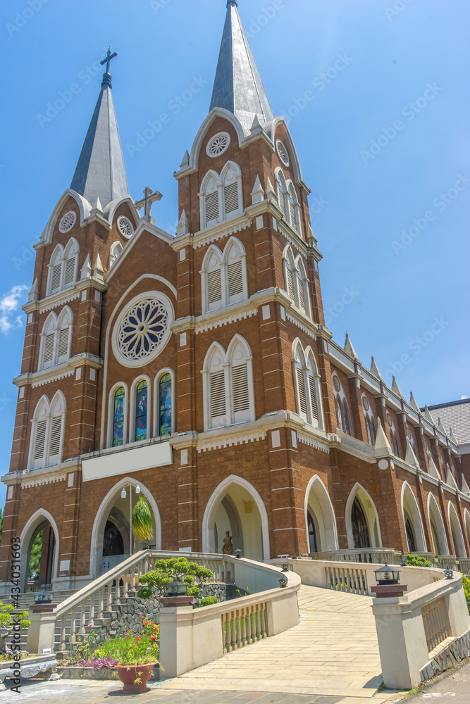 Obraz premium Church of the Holy Mother (another name is Thanh Mau church) in Bao Loc Town, Lam Dong, Vietnam. Travel and religion concept.
