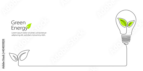 Banner with Plant inside Lightbulb in one line drawing. Creative concept of Green energy and environmental friendly sources. Horizontal Vector illustration, web landing page