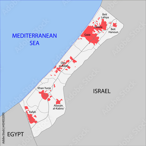 Map of Gaza Strip with roads and cities.