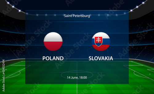 Poland vs Slovakia football scoreboard. Broadcast graphic soccer