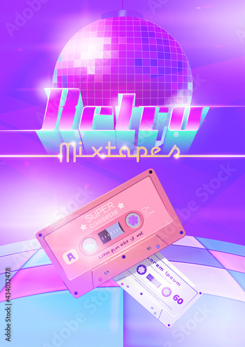 Retro mixtapes cartoon poster with audio cassettes, disco ball and dance floor. Mix tapes store ad, vintage style analog devices for music and sound play, culture of eighties ages, vector illustration