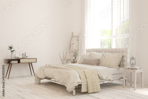 Mock up of soft color bedroom interior. Scandinavian design. 3D illustration