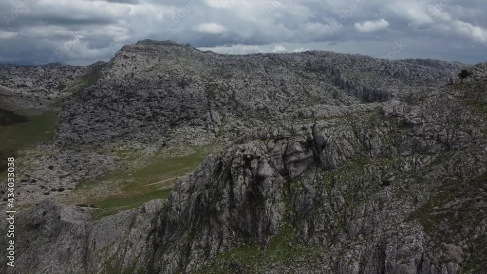 Aerial shot of El Torcal mountain ranges in Spain, nature reserve on overcast day Aerial shot of El Torcal mountain ranges in Spain, nature reserve on overcast day