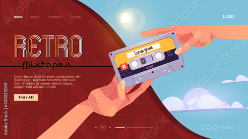 Retro mixtapes cartoon landing page with human hands giving audio cassettes to each other. Vector music collection of eighties or nineties ages. Mix tapes media storage, vintage analog devices