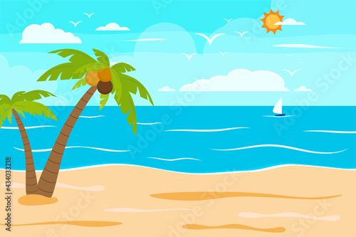 Cartoon summer beach  seaside natural vacation  tropical beach  seaside scenery background vector illustration