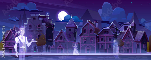 Abandoned city with ghosts walking in darkness along antique dilapidated medieval buildings under full moon glow in sky. Scary halloween scene with creepy dead characters, Cartoon vector illustration