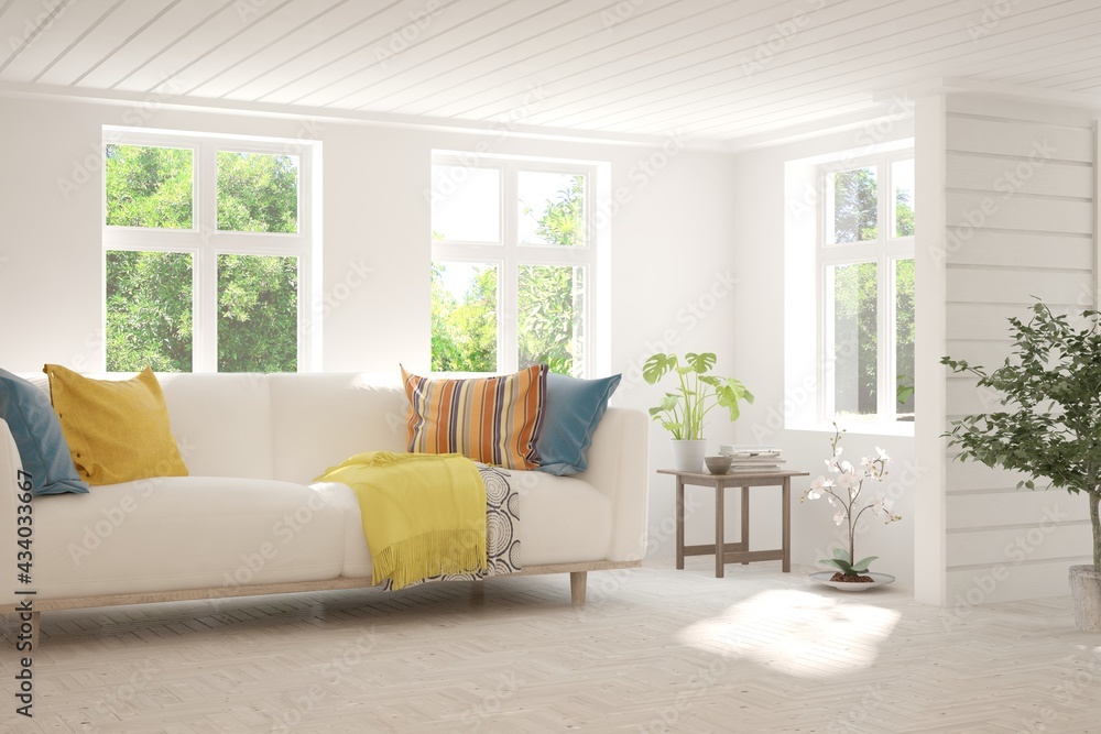 Fototapeta premium White living room with sofa and summer landscape in window. Scandinavian interior design. 3D illustration