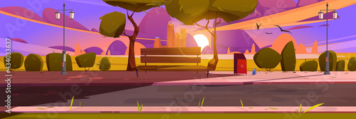 Bench in park, summer landscape with city view sunset background, empty public place for walking and recreation with green trees, litter bins and street lamps. Urban garden Cartoon vector illustration