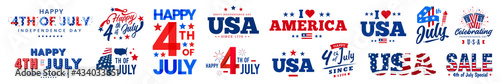 Collection of 4th of July usa independence day greeting monogram, artistic typography, fonts decorated design set.
