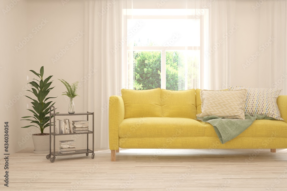 Fototapeta premium White living room with sofa and summer landscape in window. Scandinavian interior design. 3D illustration