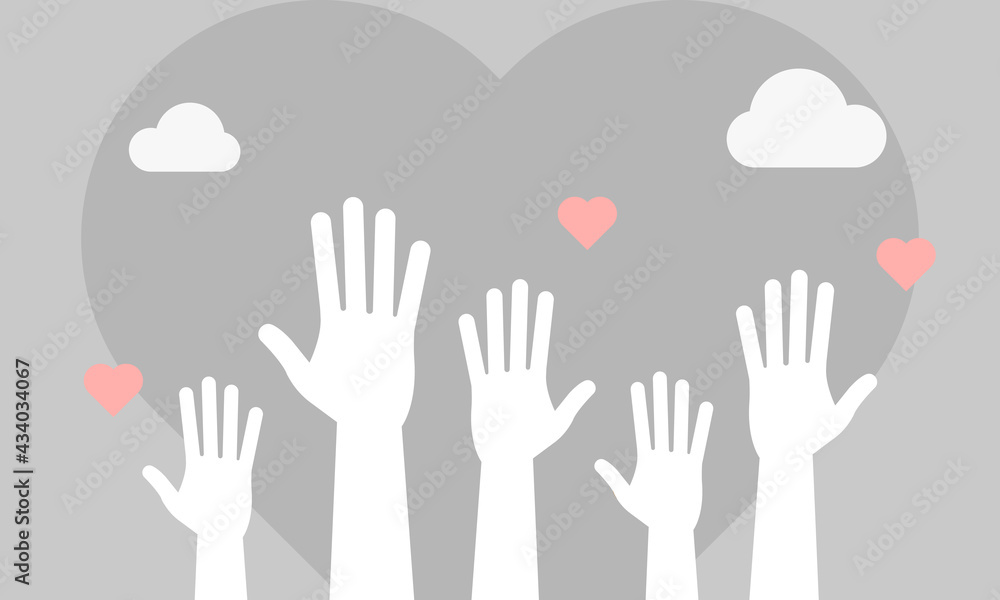 Obraz premium Volunteers and charity work. Social care raised helping hands. Illustration with a crowd of people ready and available to help and contribute. Positive foundation, business, service.