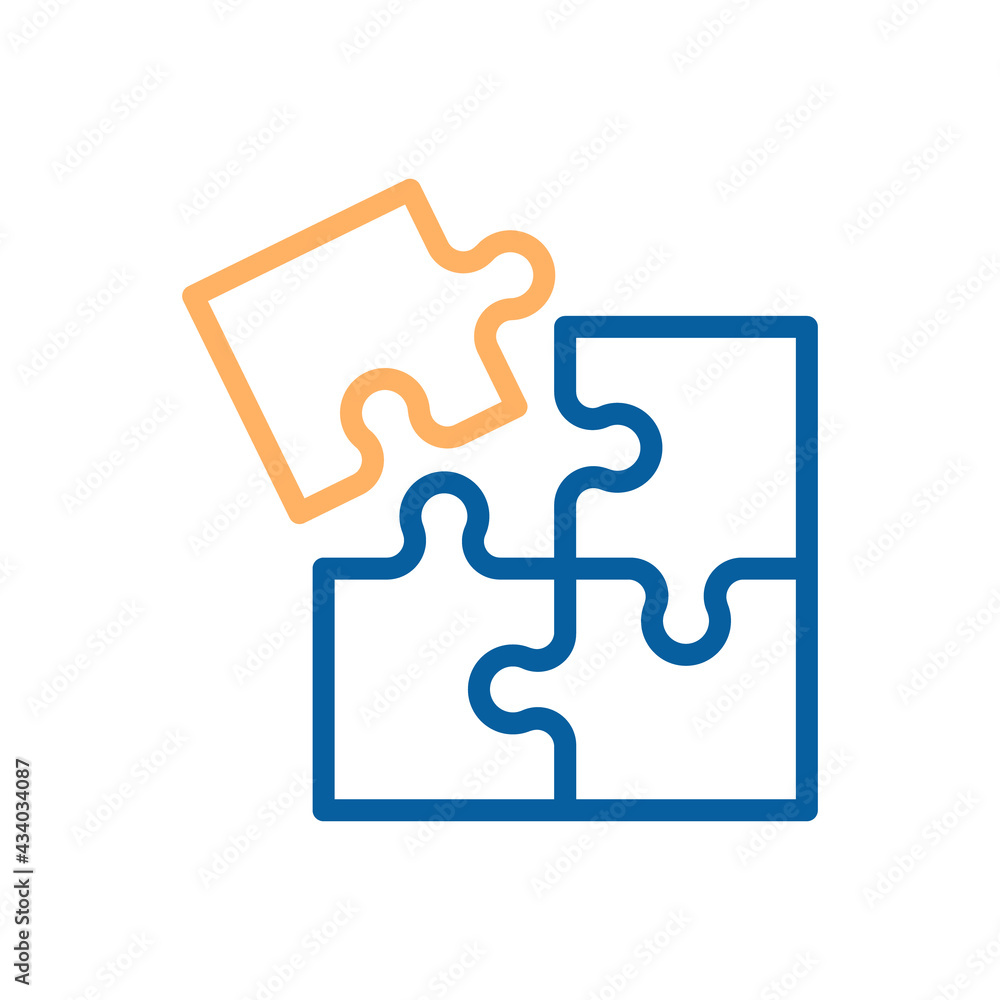 Trendy thin line corporate blue and orange puzzle icon. Vector illustration of four puzzle matching pieces for concepts of games, business and start up strategies and solutions, teamwork, partnership Trendy thin line corporate blue and orange puzzle icon. Vector illustration of four puzzle matching pieces for concepts of games, business and start up strategies and solutions, teamwork, partnership