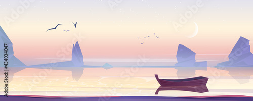 Wooden boat on sea, lake or pond scenery landscape, picturesque nature background with lonely skiff floating on calm water at early morning with birds flying in pink sky, Cartoon vector illustration photo