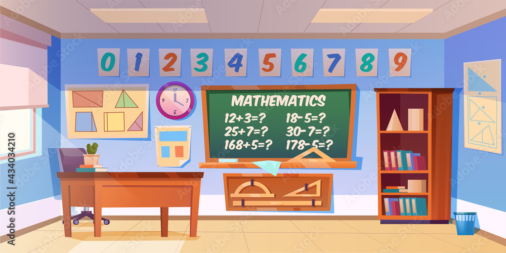 Mathematics classroom empty interior, school or preschool class with teacher table, blackboard with tasks, and rulers, cupboard with textbooks, maths posters, studying room Cartoon vector illustration
