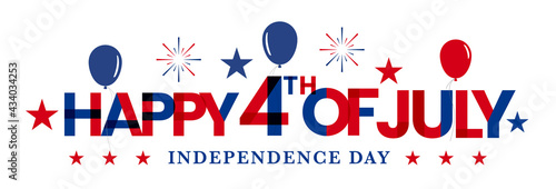 Happy 4th of July, USA independence day celebration decorated text design with red, blue balloons and fireworks
