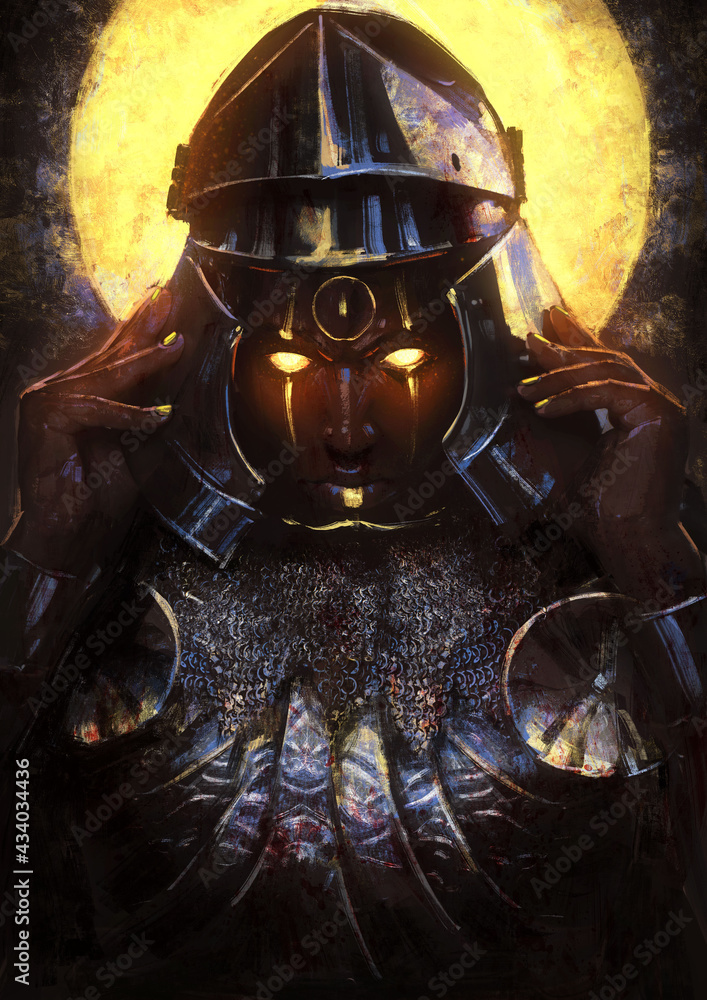 A black knight in beautiful knight armor takes off his shiny helmet, his chain mail is covered in blood, his eyes glow with yellow magic, against the background of the golden sun . 2d illustration A black knight in beautiful knight armor takes off his shiny helmet, his chain mail is covered in blood, his eyes glow with yellow magic, against the background of the golden sun . 2d illustration