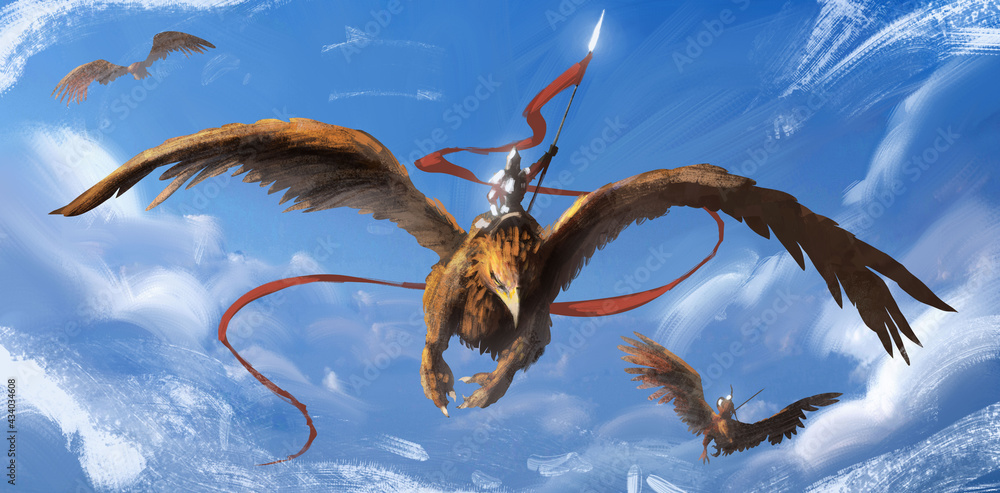 Obraz premium A knight in shining iron armor flies on a huge griffin, holding a spear with a red long log, against the background of a blue sky with clouds, his comrades fly. 2d illustration