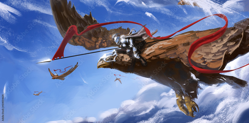 Obraz premium A knight in shining iron armor flies on a huge eagle, holding a spear with a red long log, against the background of a blue sky with clouds, his comrades fly. 2d illustration