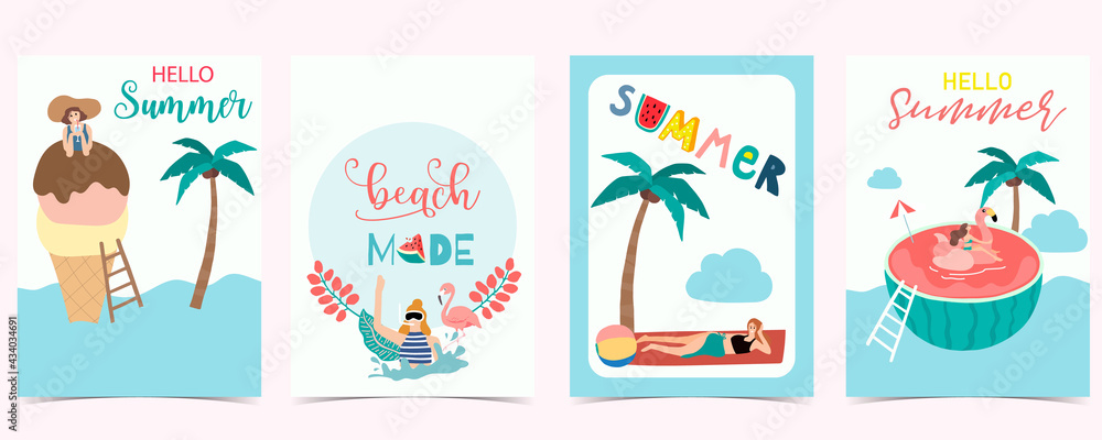 Collection of summer background set with people,watermelon,beach,coconut tree.Editable vector illustration for invitation,postcard and website banner.Hello summer