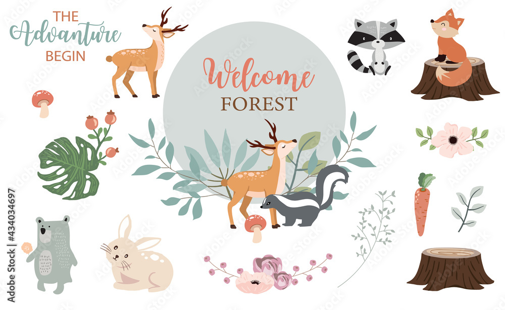 Obraz premium Cute woodland object collection with skunk,bear,fox,deer,stump and leaves.Vector illustration for icon,sticker,printable