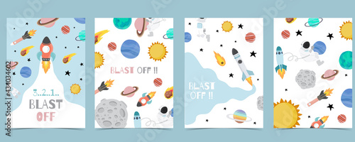Collection of space background set with astronaut, sun, moon, star,rocket.Editable vector illustration for website, invitation,postcard and sticker.Include wording blast off