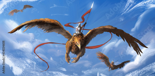 A knight in shining iron armor flies on a huge griffin, holding a spear with a red long log, against the background of a blue sky with clouds, his comrades fly. 2d illustration photo