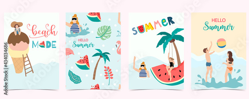 Collection of summer background set with people,watermelon,beach,coconut tree.Editable vector illustration for invitation,postcard and website banner.Hello summer