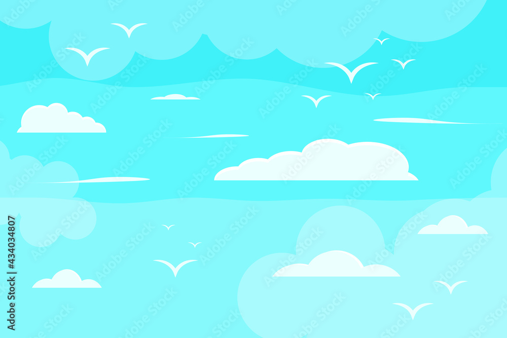 Cartoon image in summer, the sky is full of bright clouds, the shining sun And birds flying in the sky Summer Scenery Background Vector Illustration.