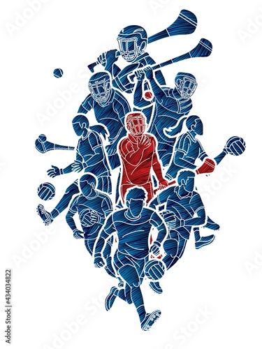 Gaelic Football and Hurling Sport Players Action Cartoon Graphic Vector