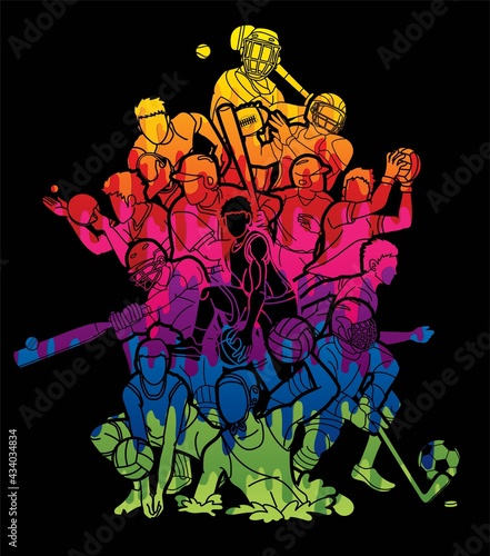 Sport Players Action Mix Cartoon Graphic Vector