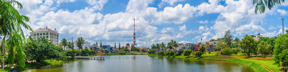 view of small Dong Nai lake - a central lake in Bao Loc city, Lam Dong province, Vietnam. It is a nice beside big TV tower. view of small Dong Nai lake - a central lake in Bao Loc city, Lam Dong province, Vietnam. It is a nice beside big TV tower.