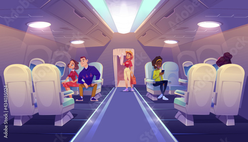 People travel by airplane. Passengers sitting at comfortable seats of first class area relaxing, listen music, look in window. Men and women in plane board, airline flight, Cartoon vector illustration