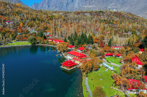 aerial landscape , Autumn landscape and blue water lake with red top huts in skardu , gilgit baltistan  photo