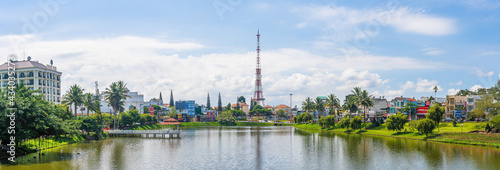 view of small Dong Nai lake - a central lake in Bao Loc city  Lam Dong province  Vietnam. It is a nice beside big TV tower.