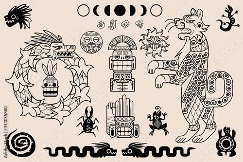 Aztec and mayan ornaments, ancient mexican tribal patterns. Ethnic native art. Vector set of traditional mexican indian geometric illustrations with animals and totems