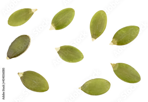 Pumpkin seeds isolated on a white background, top view