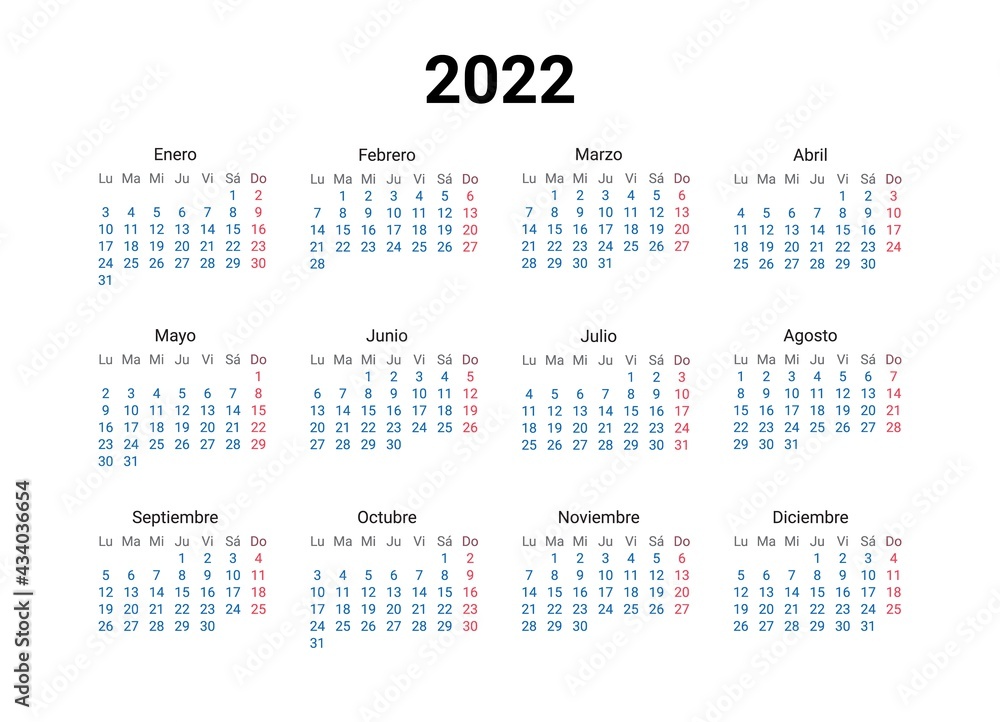 2022 year Spanish calendar in Spanish language. Classical, minimalistic, simple design. White background. Vector Illustration. Week starts from Monday. 2022 year Spanish calendar in Spanish language. Classical, minimalistic, simple design. White background. Vector Illustration. Week starts from Monday.
