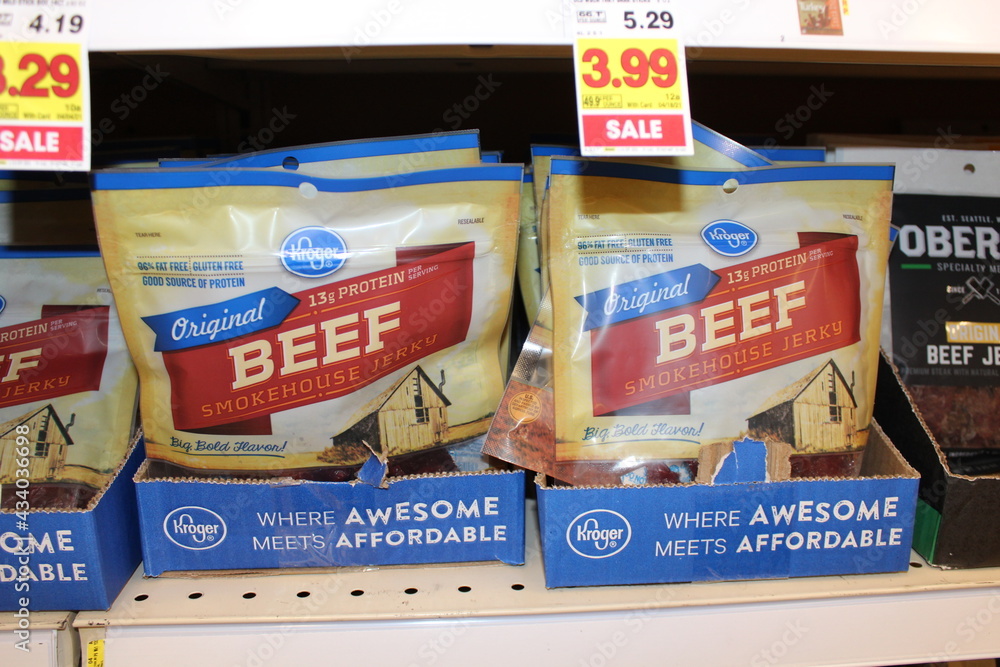Kroger Original Beef Jerky shot closeup on a metal shelf that's at a