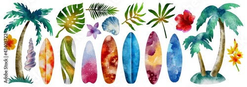 Canvas Print Hand drawing watercolor illustration set of surfboards, palms and leaves