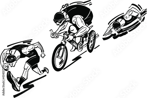 the vector cartoon illustration of the triathlon athletes 