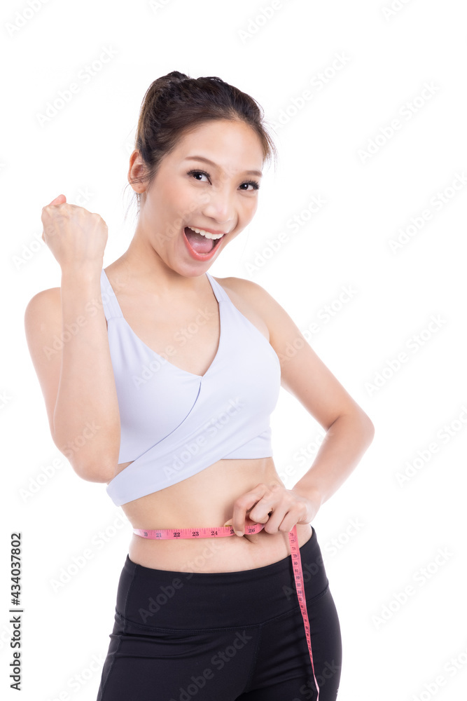 Health concept, Asian Sport girl hold measure tape isolated on white background. asian beaut Health concept, Asian Sport girl hold measure tape isolated on white background. asian beaut
