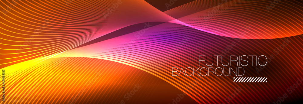 Abstract neon glowing light in the dark with waves. Shiny magic energy and motion concept, vector abstract wallpaper background Abstract neon glowing light in the dark with waves. Shiny magic energy and motion concept, vector abstract wallpaper background