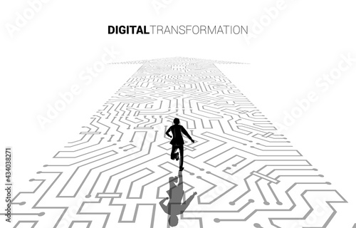 Silhouette of businessman running on the arrow dot connect circuit board style. concept of digital transformation of business.