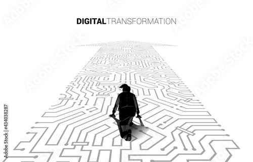 Silhouette of businesswoman in ready position on the arrow dot connect circuit board style. concept of digital transformation of business.