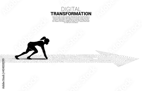 Silhouette of businesswoman in ready position on the arrow dot connect circuit board style. concept of digital transformation of business.