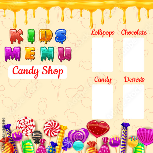 Kids Menu Candy, sweet different bonbon, lollipops,chocolate, jelly. Template menu for caffe, cafeteris, vector illustration, cartoon style
