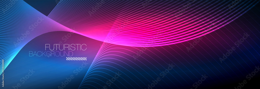 Abstract neon glowing light in the dark with waves. Shiny magic energy and motion concept, vector abstract wallpaper background Abstract neon glowing light in the dark with waves. Shiny magic energy and motion concept, vector abstract wallpaper background
