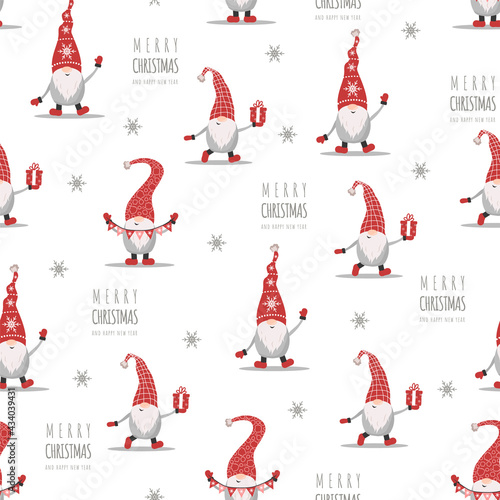 Christmas pattern with gnomes in red hats. Cute scandinavian elves. Vector illustration in cartoon style. New year design for wrapping paper, textiles, fabric.