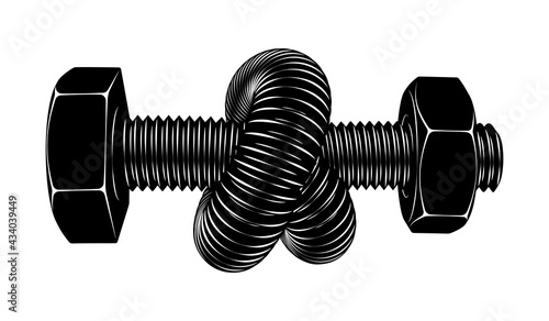 Bolt with nut bent into a knot. Twisted hex head screw. Tattoo design isolated vector illustration.